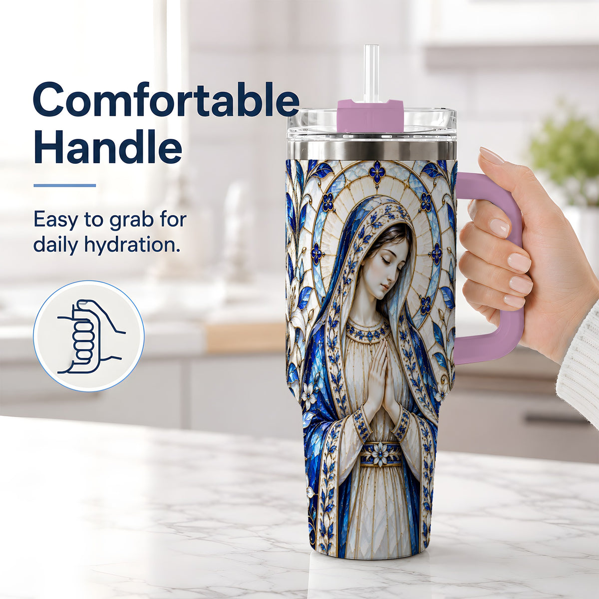 #pl[40oz|Pink] Virgin Mary Floral 40oz Tumbler, Printed Drinkware for Christian Art Lovers