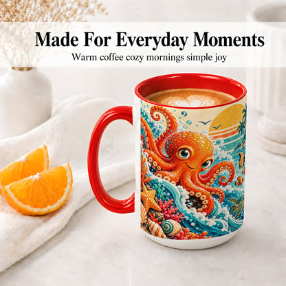 #pl[15oz|Red] Ocean Octopus Ceramic Mug, Coastal Sea Life Artwork with Coral