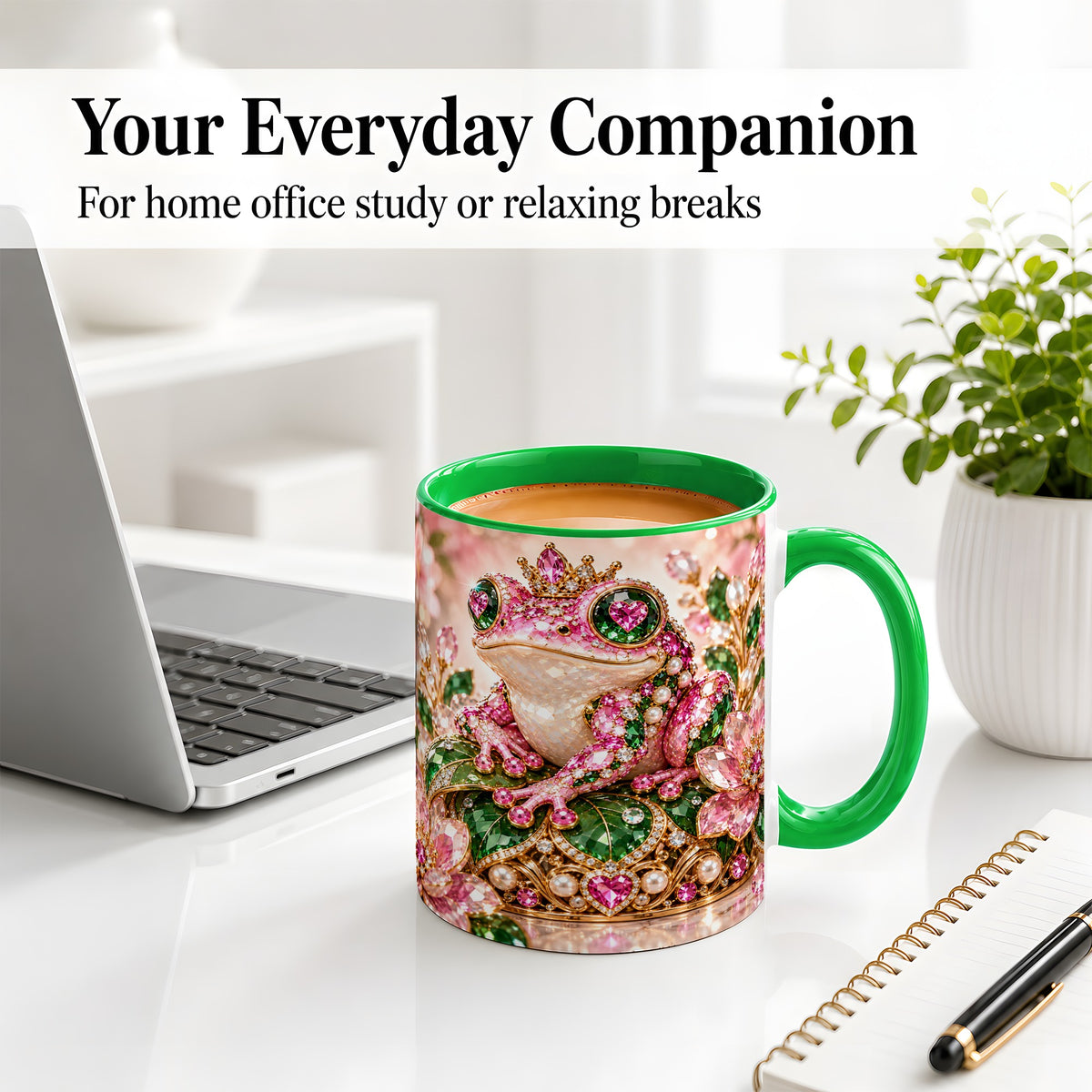 #pl[11oz|Green] Jeweled Frog Ceramic Mug, Pink Floral Artwork with Crown and Pearls