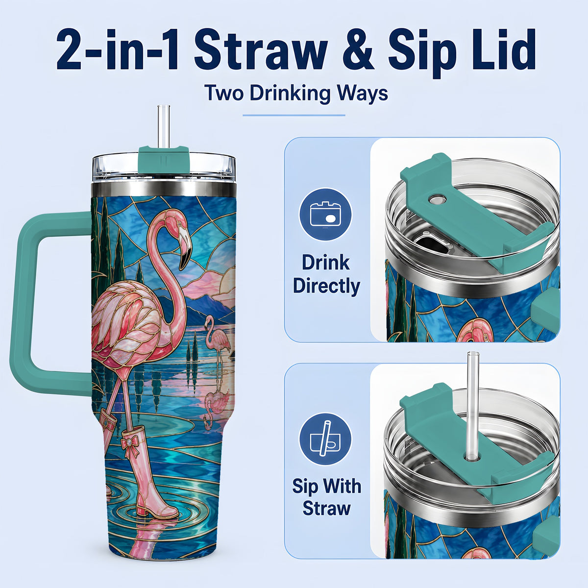 #pl[40oz|Green] Stained Glass Style Flamingo 40oz Tumbler for Bird Lovers