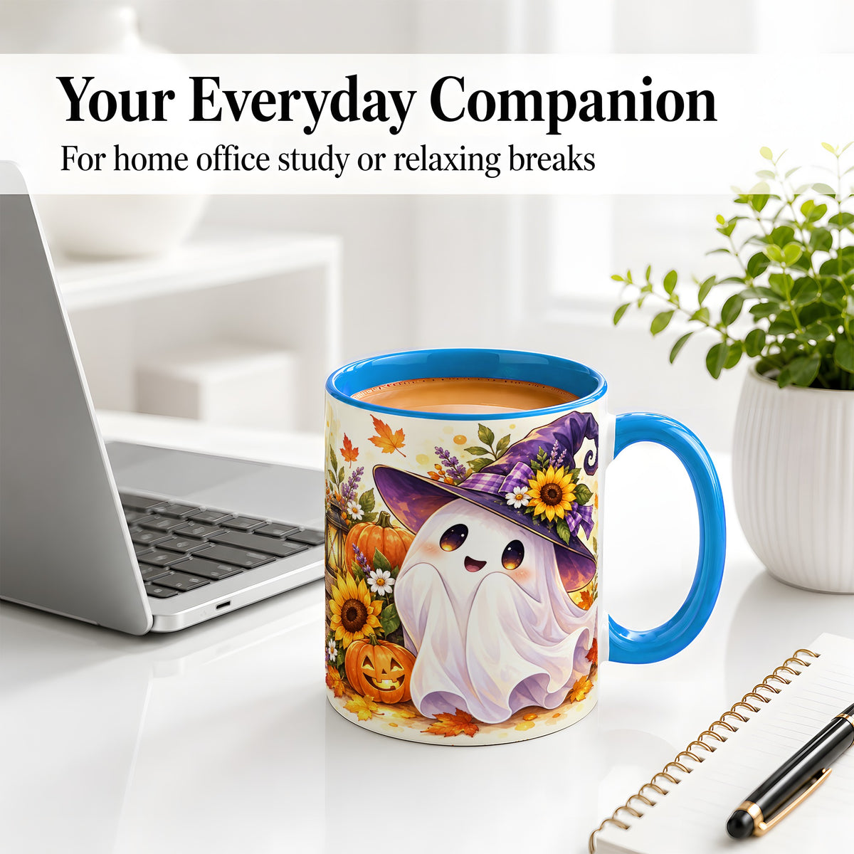 #pl[11oz|Blue] Cute Halloween Ghost Ceramic Mug, Witch Hat and Pumpkin Autumn Artwork