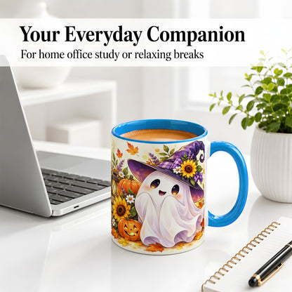 #pl[11oz|Blue] Cute Halloween Ghost Ceramic Mug, Witch Hat and Pumpkin Autumn Artwork