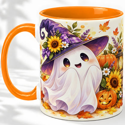 #pl[11oz|Orange] Cute Halloween Ghost Ceramic Mug, Witch Hat and Pumpkin Autumn Artwork