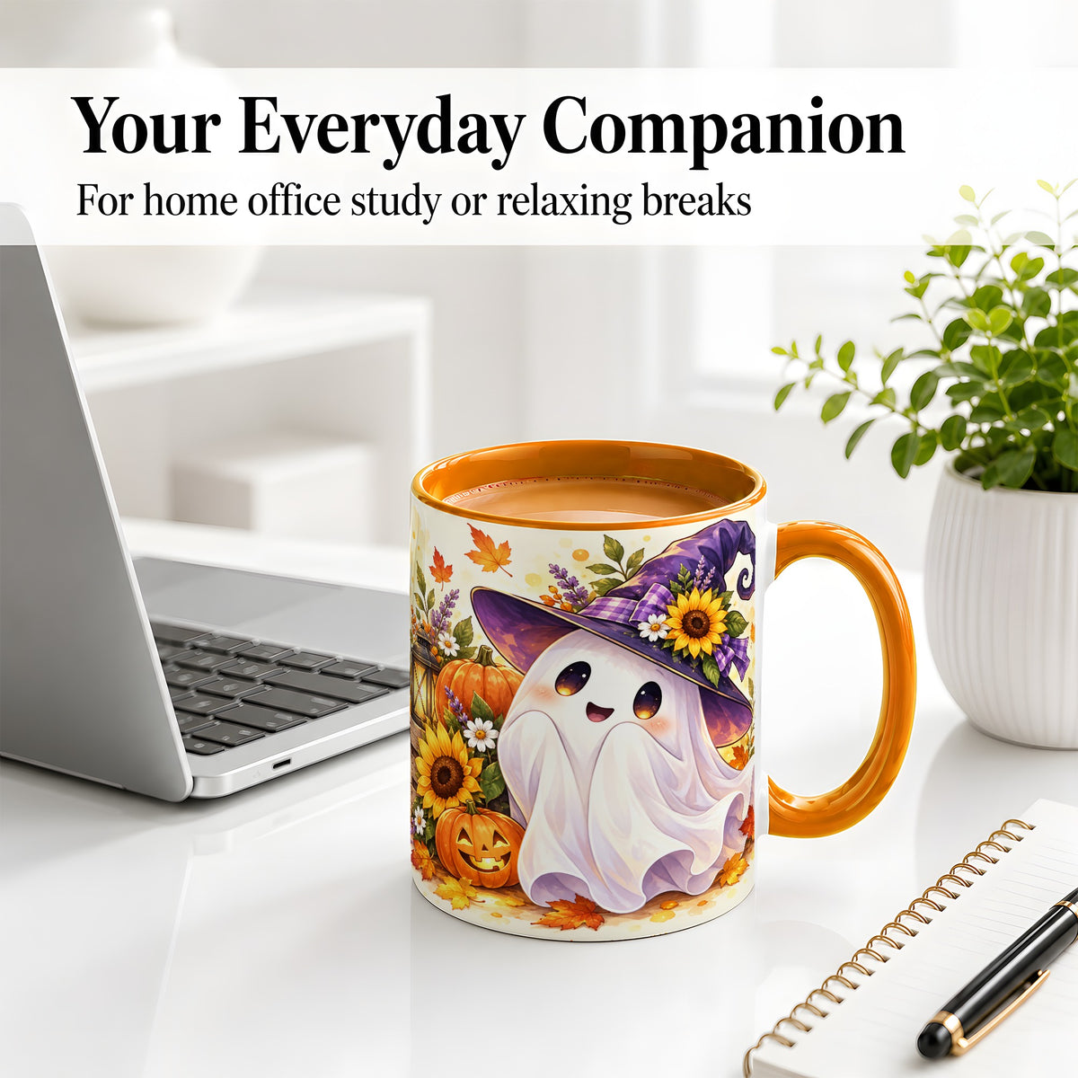 #pl[11oz|Orange] Cute Halloween Ghost Ceramic Mug, Witch Hat and Pumpkin Autumn Artwork
