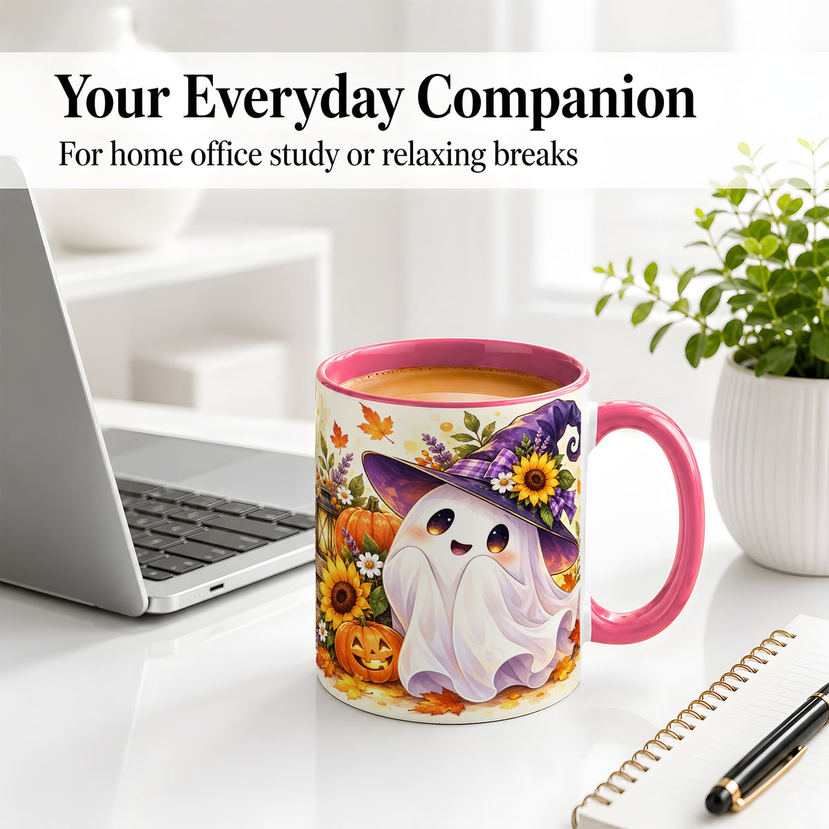 #pl[11oz|Pink] Cute Halloween Ghost Ceramic Mug, Witch Hat and Pumpkin Autumn Artwork