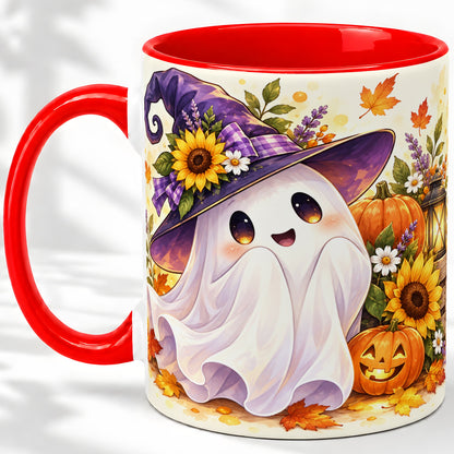 Cute Halloween Ghost Ceramic Mug, Witch Hat and Pumpkin Autumn Artwork