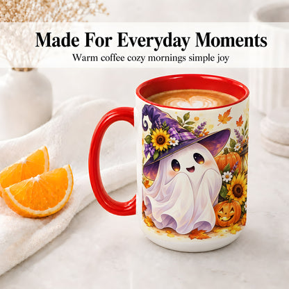 #pl[15oz|Red] Cute Halloween Ghost Ceramic Mug, Witch Hat and Pumpkin Autumn Artwork