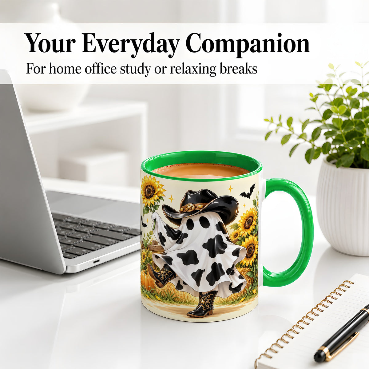 #pl[11oz|Green] Cowboy Ghost Ceramic Mug, Western Halloween Artwork with Sunflowers