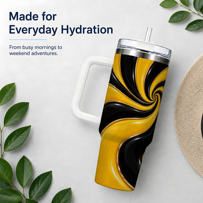Yellow Black Abstract Swirl 40oz Tumbler for Modern Art Fans