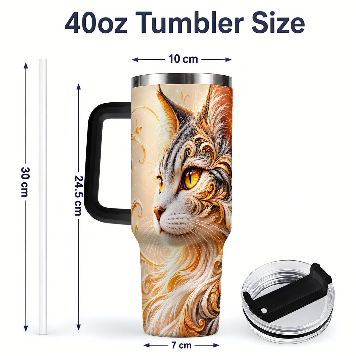#pl[40oz|Black] Ornate Filigree Cat Portrait 40oz Tumbler for Cat Lovers