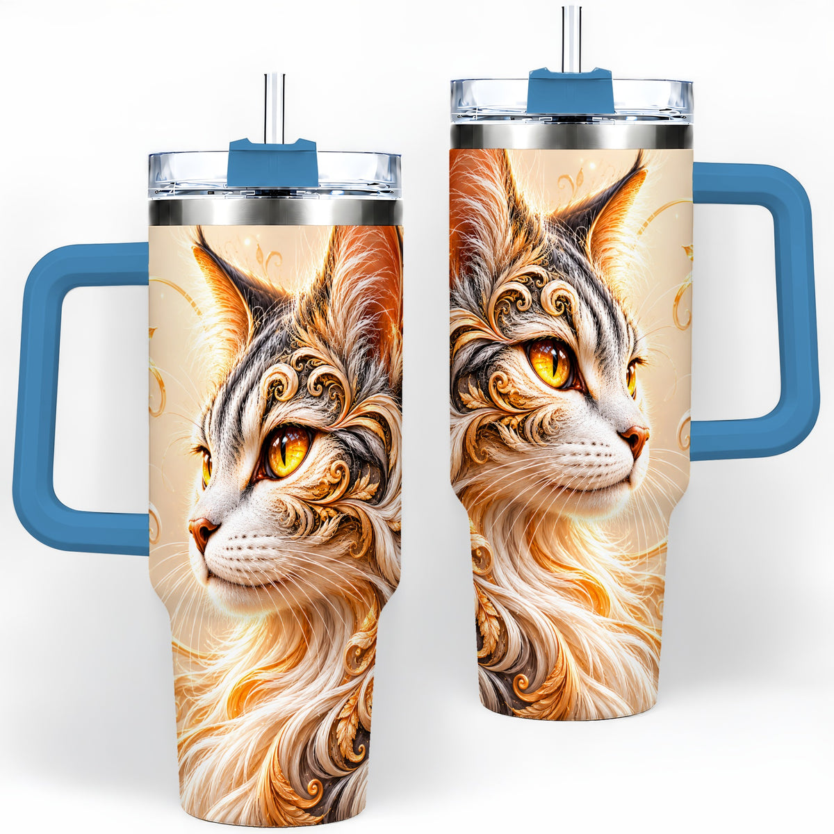 #pl[40oz|Blue] Ornate Filigree Cat Portrait 40oz Tumbler for Cat Lovers