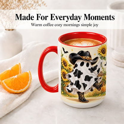 #pl[15oz|Red] Cowboy Ghost Ceramic Mug, Western Halloween Artwork with Sunflowers