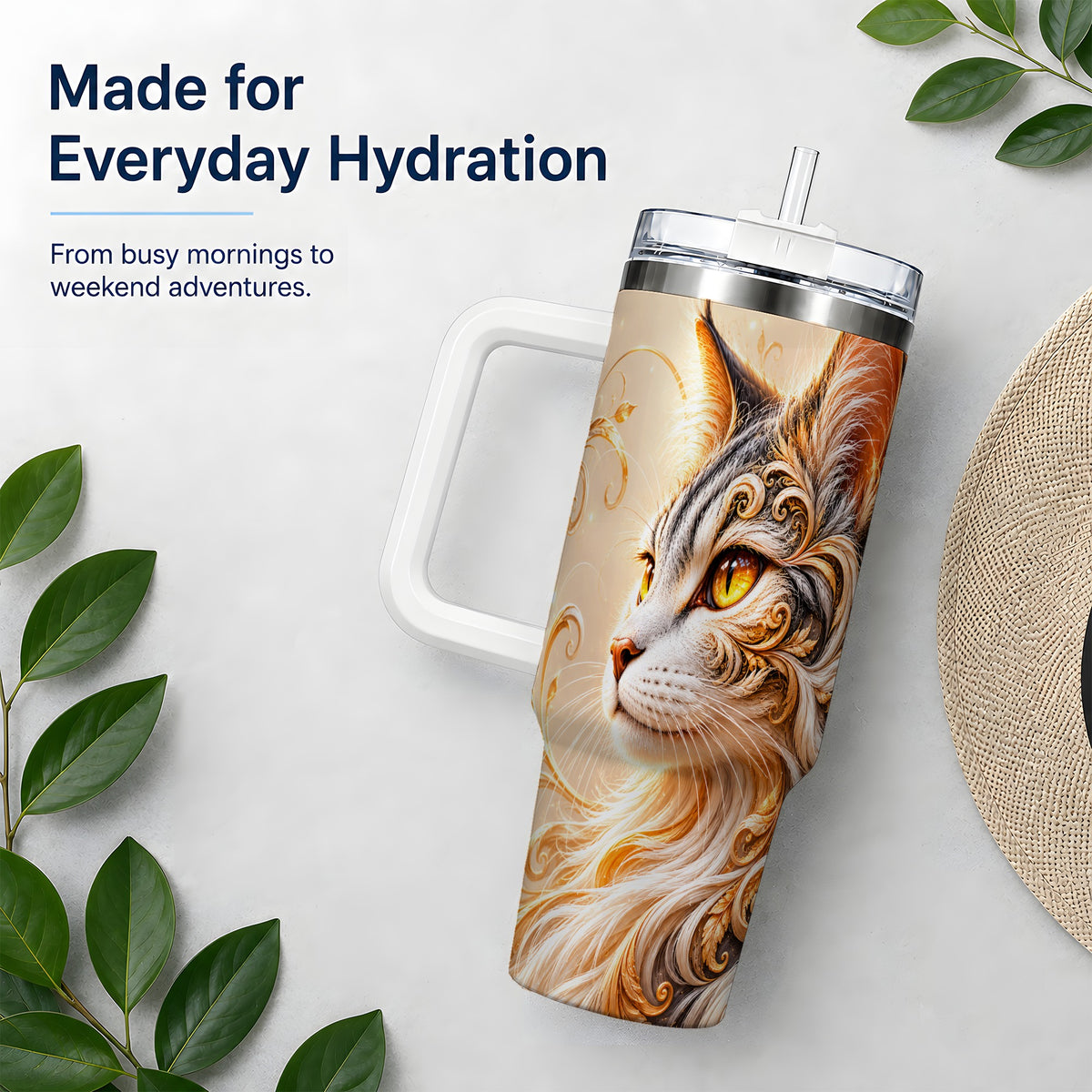 Ornate Filigree Cat Portrait 40oz Tumbler for Cat Lovers