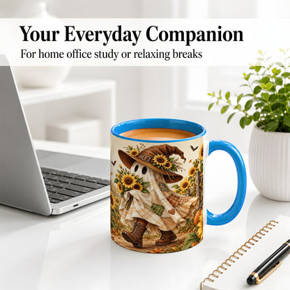 #pl[11oz|Blue] Rustic Sunflower Ghost Ceramic Mug, Autumn Farm Artwork with Boots