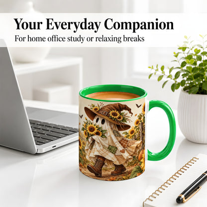 #pl[11oz|Green] Rustic Sunflower Ghost Ceramic Mug, Autumn Farm Artwork with Boots