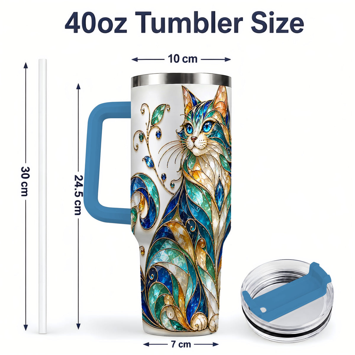 #pl[40oz|Blue] Stained Glass Style Cat 40oz Tumbler for Cat Lovers