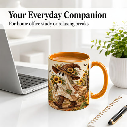 #pl[11oz|Orange] Rustic Sunflower Ghost Ceramic Mug, Autumn Farm Artwork with Boots
