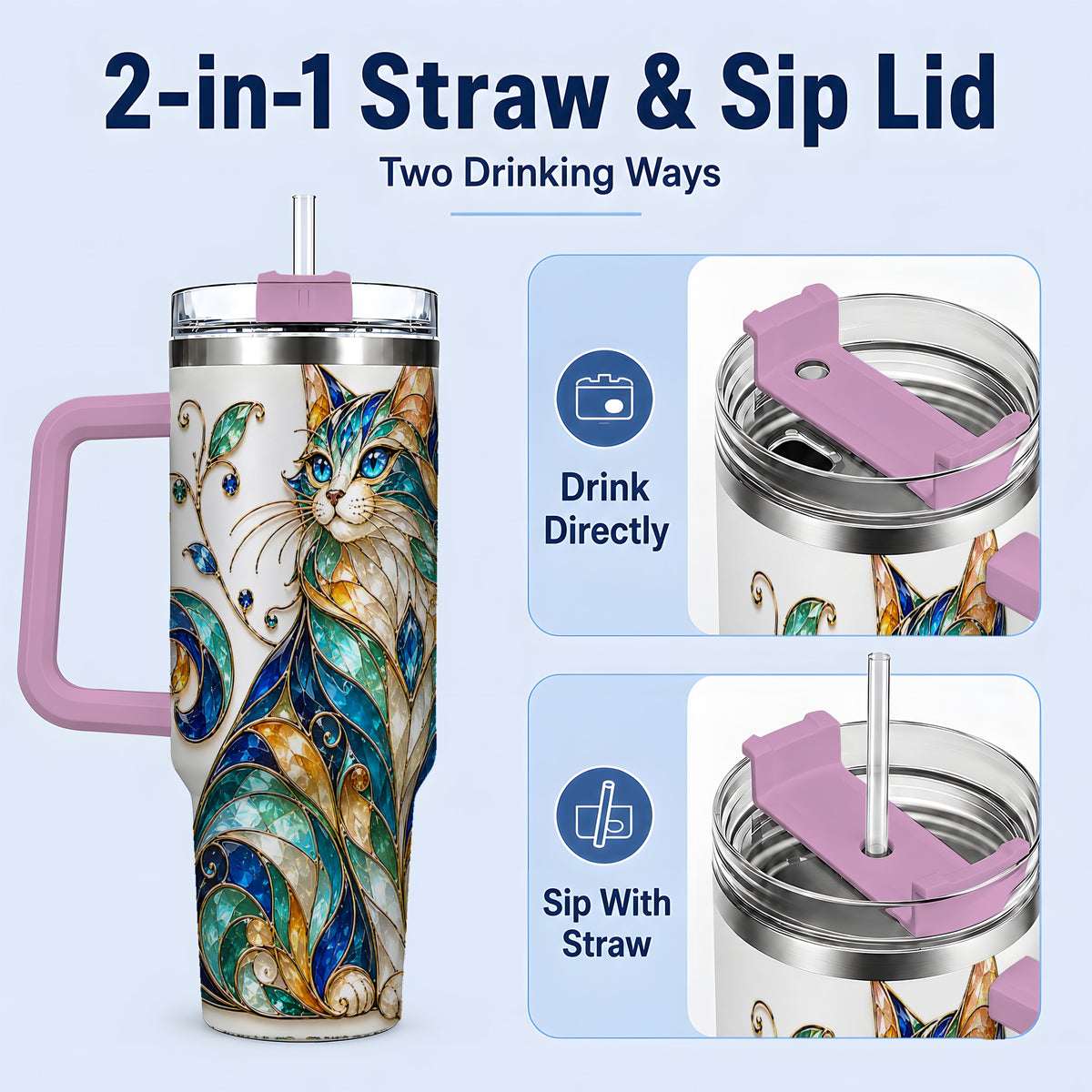 #pl[40oz|Pink] Stained Glass Style Cat 40oz Tumbler for Cat Lovers