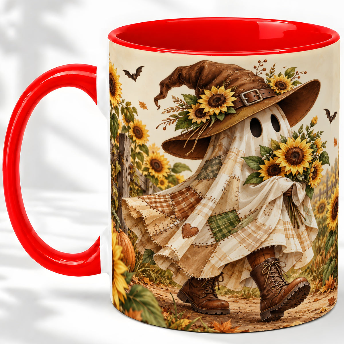 Rustic Sunflower Ghost Ceramic Mug, Autumn Farm Artwork with Boots