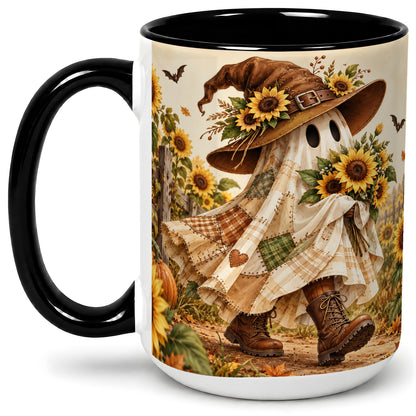 #pl[15oz|Black] Rustic Sunflower Ghost Ceramic Mug, Autumn Farm Artwork with Boots