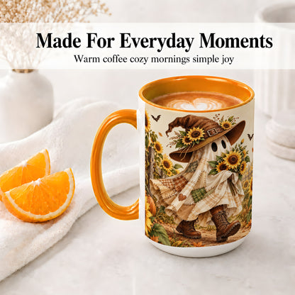 #pl[15oz|Orange] Rustic Sunflower Ghost Ceramic Mug, Autumn Farm Artwork with Boots