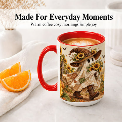 #pl[15oz|Red] Rustic Sunflower Ghost Ceramic Mug, Autumn Farm Artwork with Boots