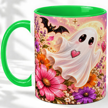 #pl[11oz|Green] Floral Moon Ghost Ceramic Mug, Cute Halloween Artwork with Flowers