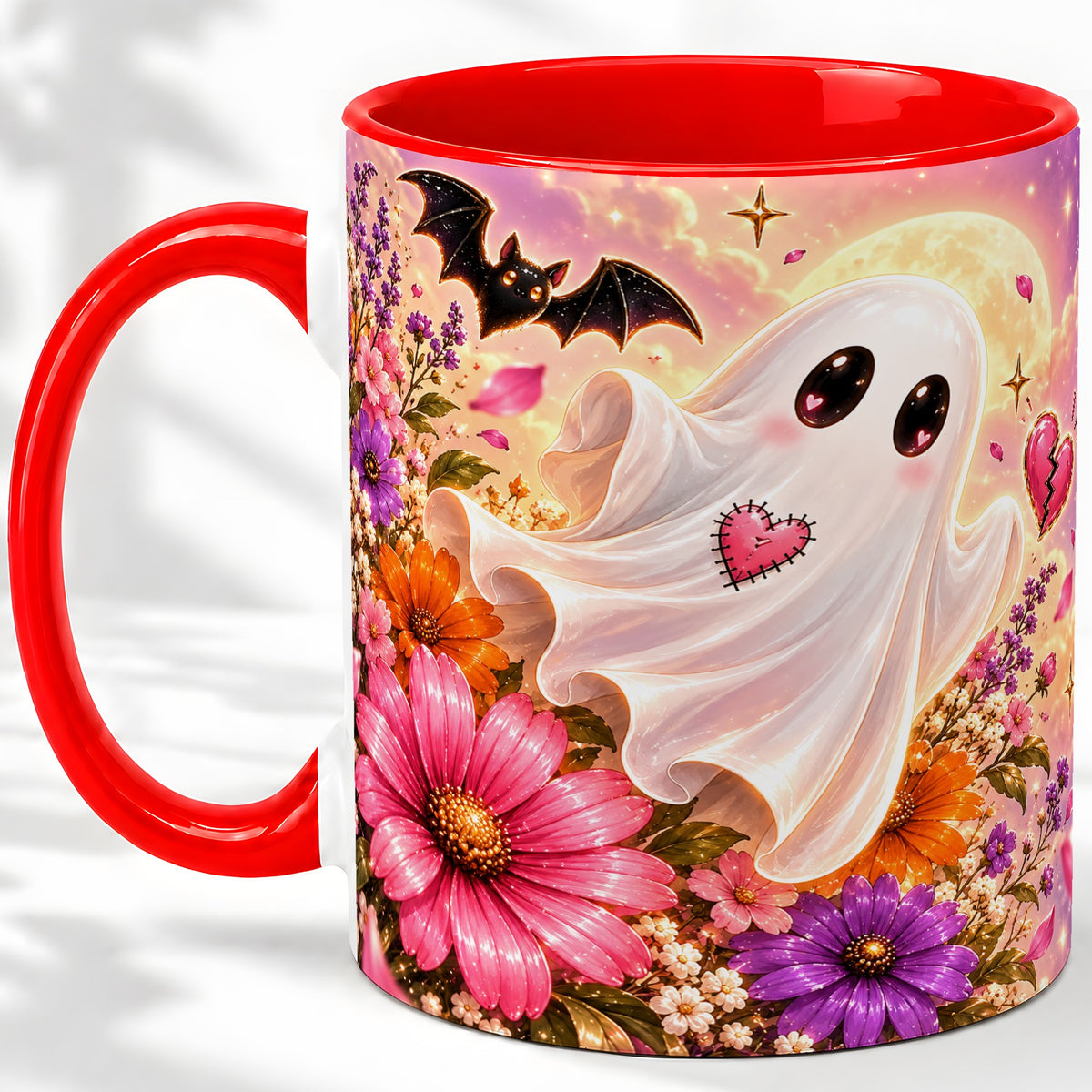 Floral Moon Ghost Ceramic Mug, Cute Halloween Artwork with Flowers