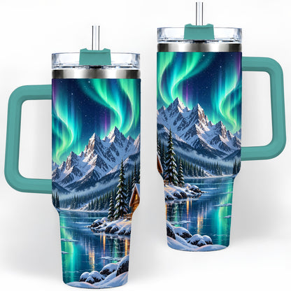 #pl[40oz|Green] Winter Cabin Aurora 40oz Tumbler for Nature Lovers