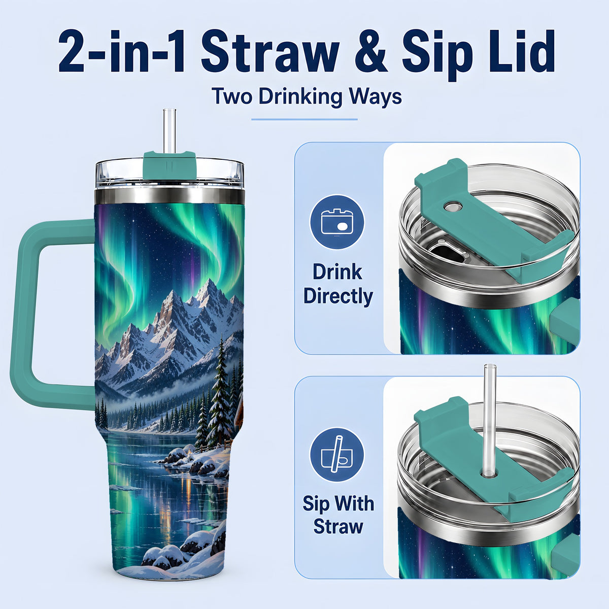 #pl[40oz|Green] Winter Cabin Aurora 40oz Tumbler for Nature Lovers