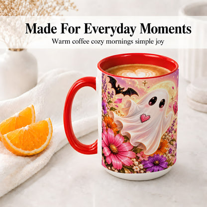 #pl[15oz|Red] Floral Moon Ghost Ceramic Mug, Cute Halloween Artwork with Flowers