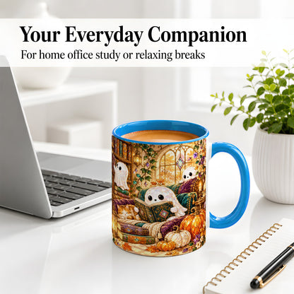 #pl[11oz|Blue] Cozy Ghost Library Ceramic Mug, Autumn Reading Artwork with Cat