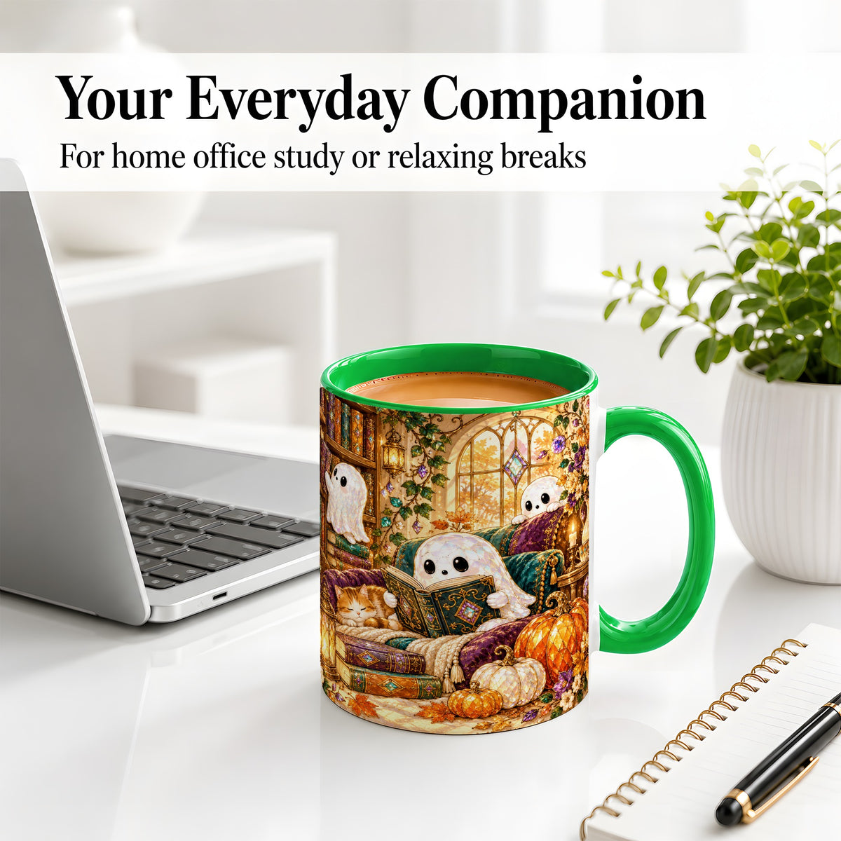 #pl[11oz|Green] Cozy Ghost Library Ceramic Mug, Autumn Reading Artwork with Cat