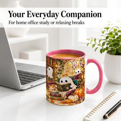 #pl[11oz|Pink] Cozy Ghost Library Ceramic Mug, Autumn Reading Artwork with Cat