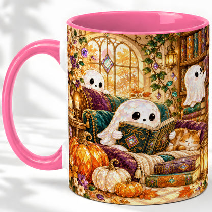 #pl[11oz|Pink] Cozy Ghost Library Ceramic Mug, Autumn Reading Artwork with Cat