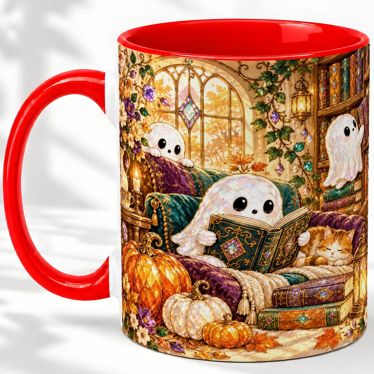 Cozy Ghost Library Ceramic Mug, Autumn Reading Artwork with Cat
