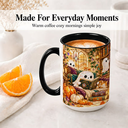 #pl[15oz|Black] Cozy Ghost Library Ceramic Mug, Autumn Reading Artwork with Cat