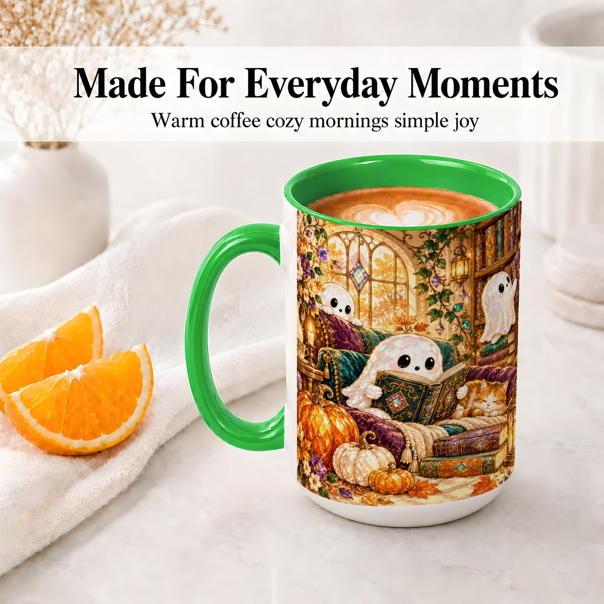 #pl[15oz|Green] Cozy Ghost Library Ceramic Mug, Autumn Reading Artwork with Cat
