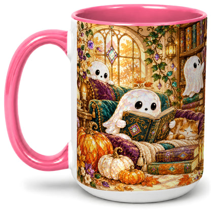 #pl[15oz|Pink] Cozy Ghost Library Ceramic Mug, Autumn Reading Artwork with Cat