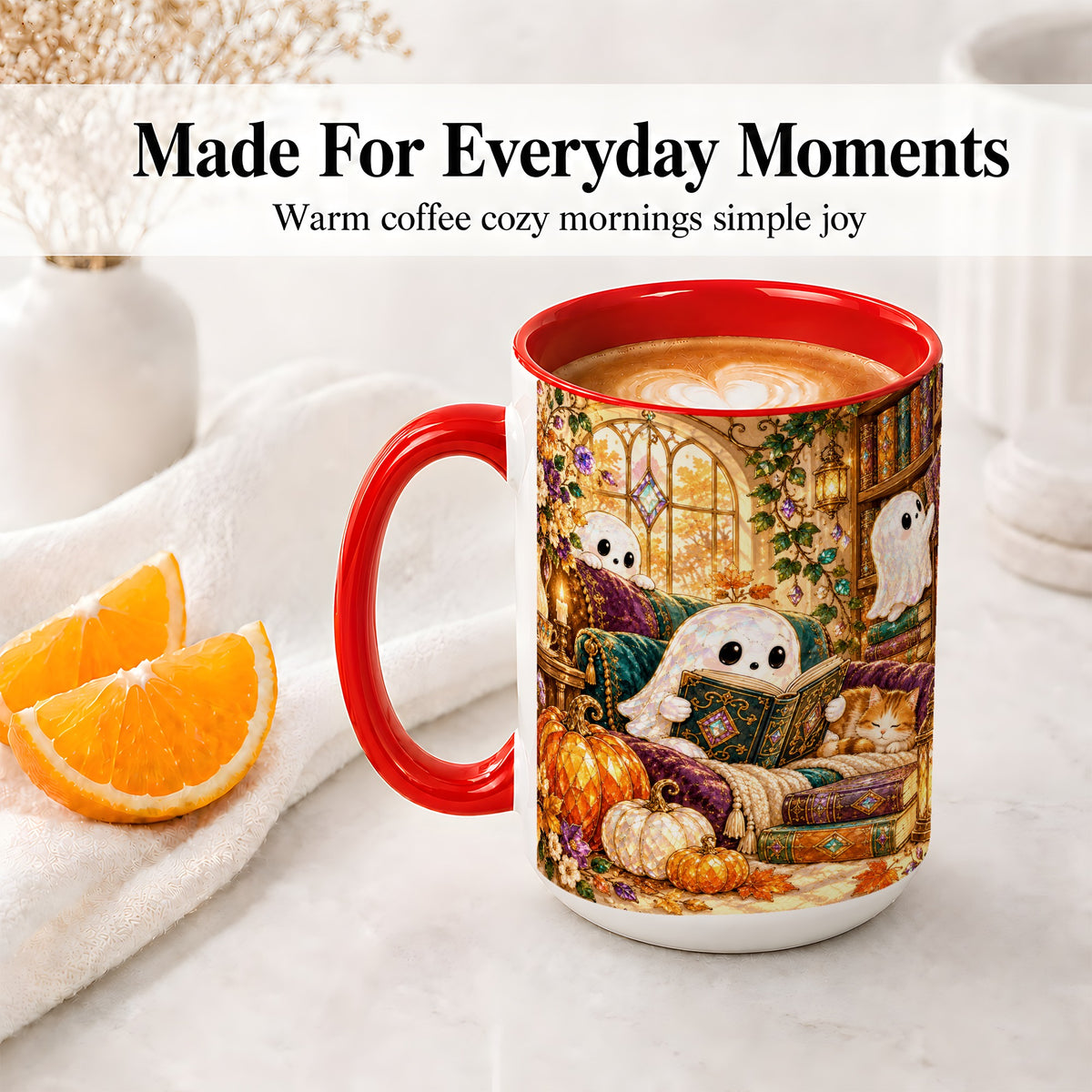 #pl[15oz|Red] Cozy Ghost Library Ceramic Mug, Autumn Reading Artwork with Cat