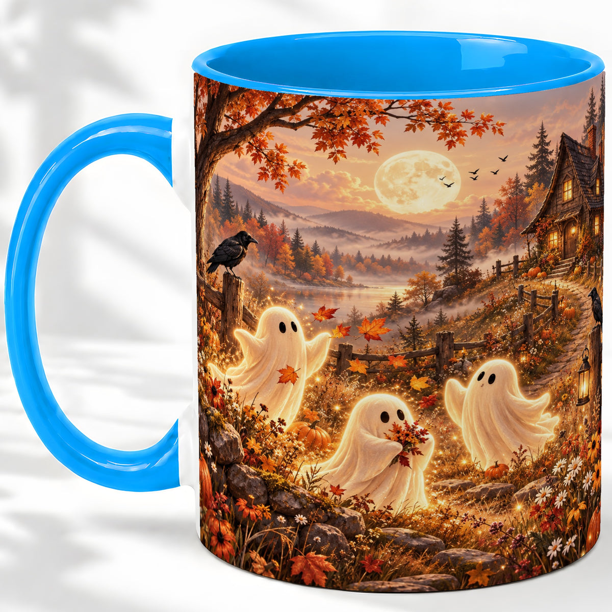 #pl[11oz|Blue] Autumn Cottage Ghost Ceramic Mug, Moonlit Landscape Artwork with Moon