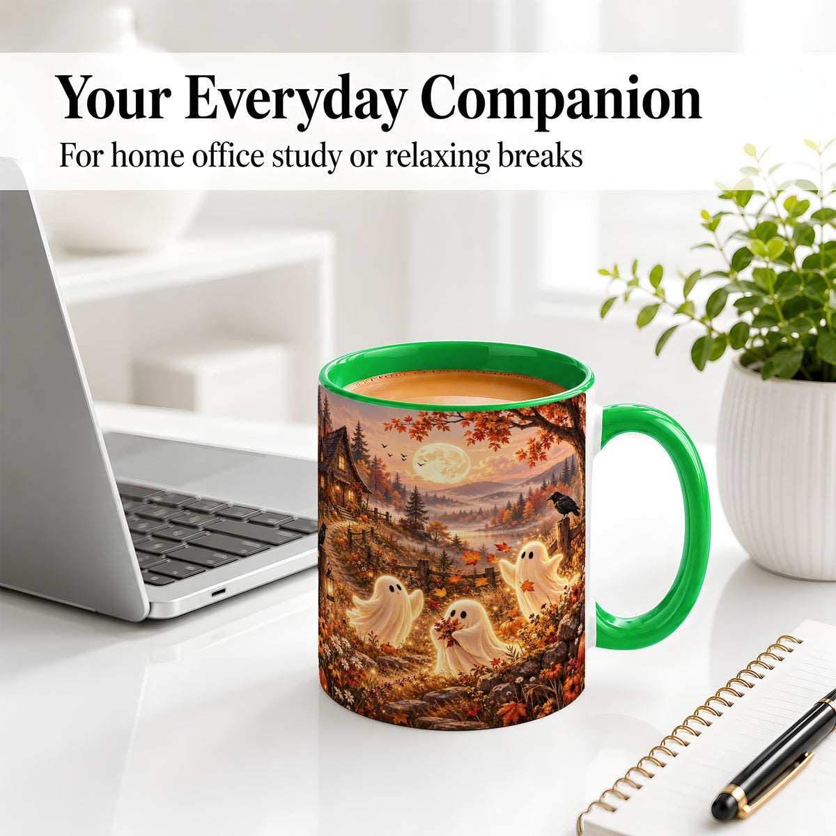 #pl[11oz|Green] Autumn Cottage Ghost Ceramic Mug, Moonlit Landscape Artwork with Moon