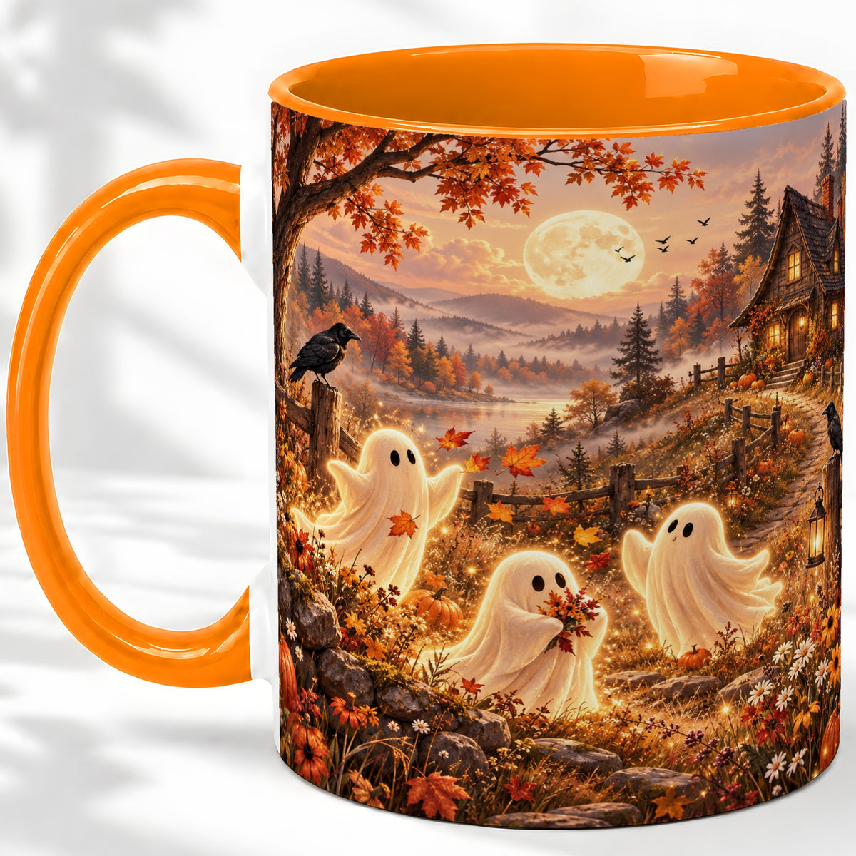 #pl[11oz|Orange] Autumn Cottage Ghost Ceramic Mug, Moonlit Landscape Artwork with Moon