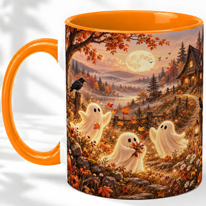 #pl[11oz|Orange] Autumn Cottage Ghost Ceramic Mug, Moonlit Landscape Artwork with Moon