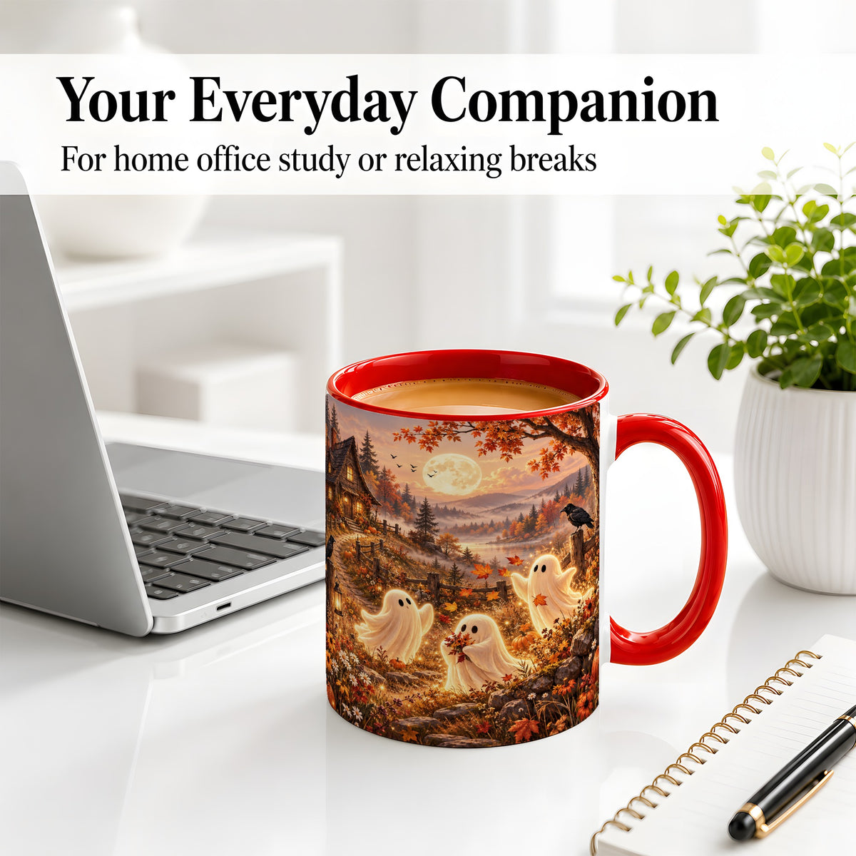 #pl[11oz|Red] Autumn Cottage Ghost Ceramic Mug, Moonlit Landscape Artwork with Moon