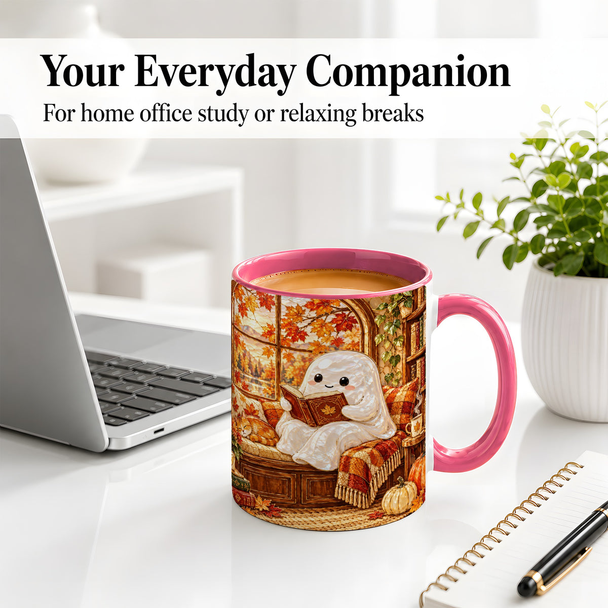 #pl[11oz|Pink] Autumn Reading Ghost Ceramic Mug, Cozy Fall Book Nook Artwork