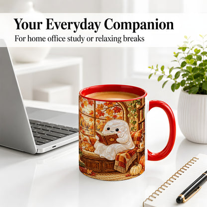#pl[11oz|Red] Autumn Reading Ghost Ceramic Mug, Cozy Fall Book Nook Artwork