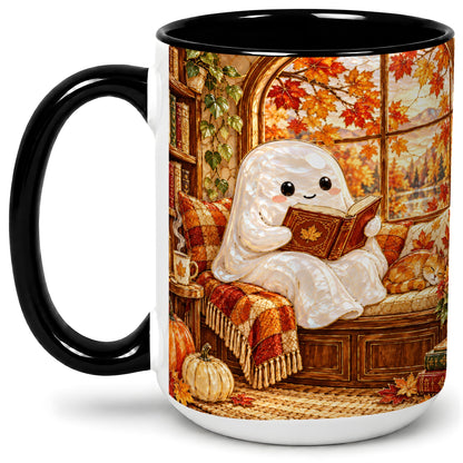 #pl[15oz|Black] Autumn Reading Ghost Ceramic Mug, Cozy Fall Book Nook Artwork
