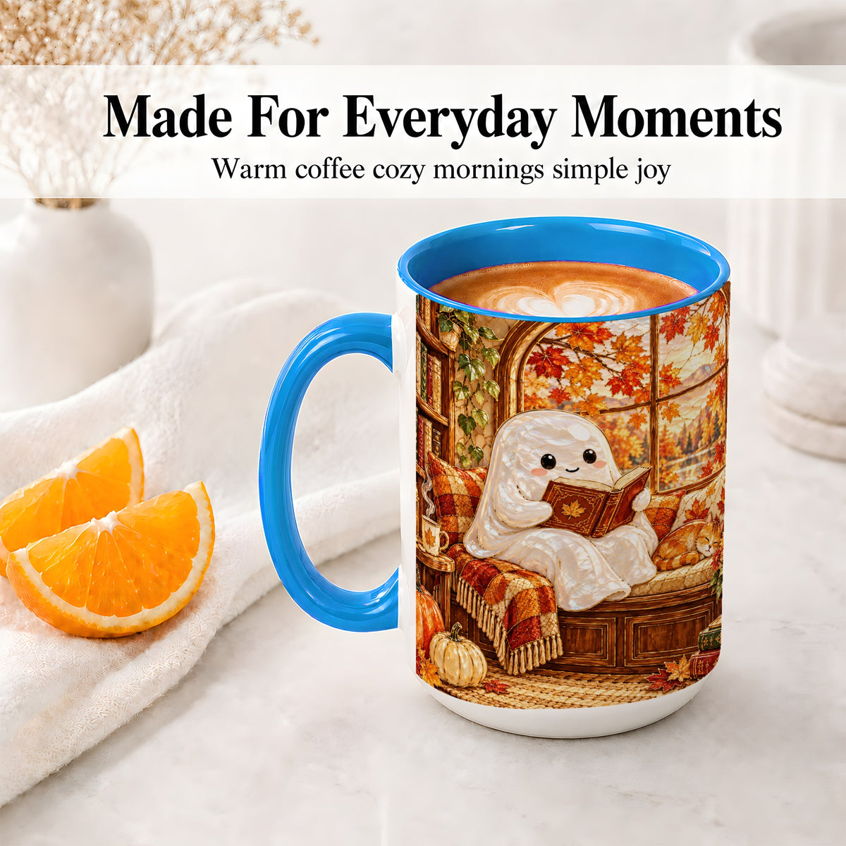 #pl[15oz|Blue] Autumn Reading Ghost Ceramic Mug, Cozy Fall Book Nook Artwork
