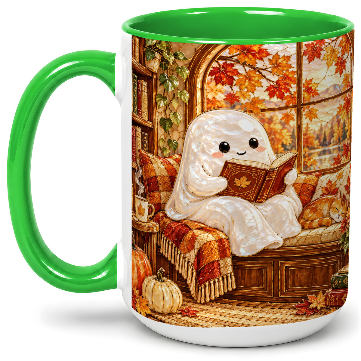#pl[15oz|Green] Autumn Reading Ghost Ceramic Mug, Cozy Fall Book Nook Artwork
